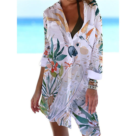 flowersverse Women's Shirt Dress Cover Up Beach Wear Mini Dress Print Fashion Casual Floral V Neck Long Sleeve Loose Fit Outdoor Daily Black White Spring Summer S M L XL