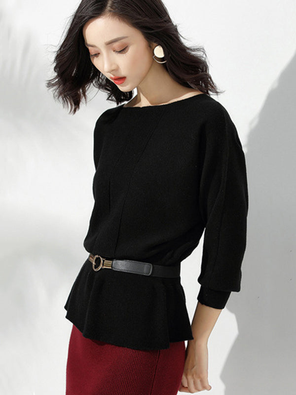 flowersverse Casual Long Sleeves Solid Color Boat Neck Tunic Sweater Tops