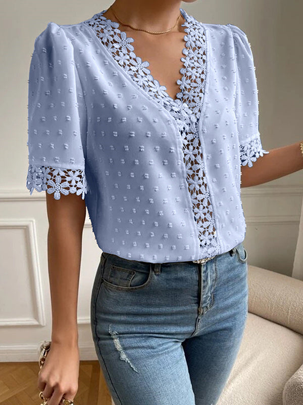 flowersverse Applique Solid Color Loose Short Sleeves V-neck Blouses&shirts Tops