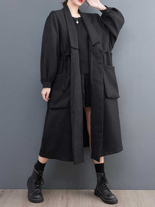 flowersverse Drawstring Pockets Long Sleeves Loose Lapel Trench Coats