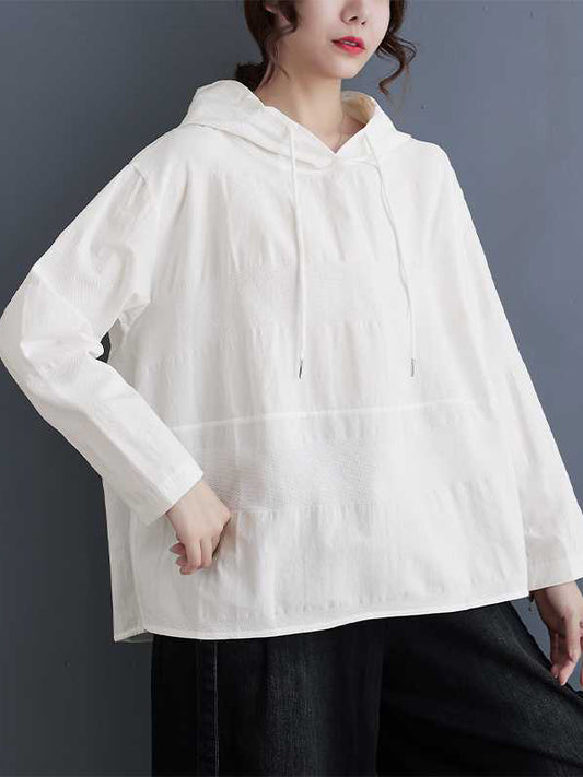 flowersverse Drawstring Hooded Solid Color Split-Joint Long Sleeves Loose Round-Neck Hoodies Tops