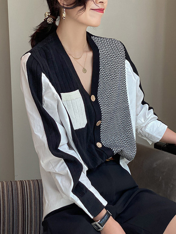 flowersverse Original Loose Irregular Split-Joint Buttoned V-Neck Long Sleeves Sweater Blouse