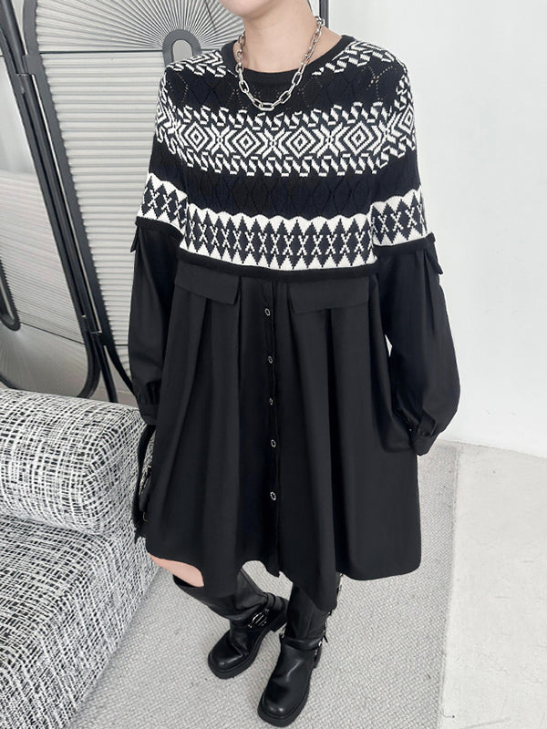 flowersverse Buttoned Contrast Color Split-Joint A-Line Long Sleeves Round-Neck Mini Dresses