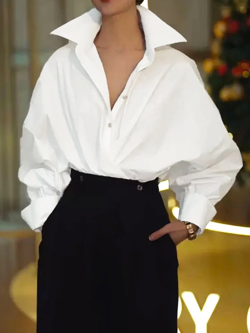 flowersverse Buttoned Solid Color Batwing Sleeves Long Sleeves Lapel Blouses&Shirts Tops