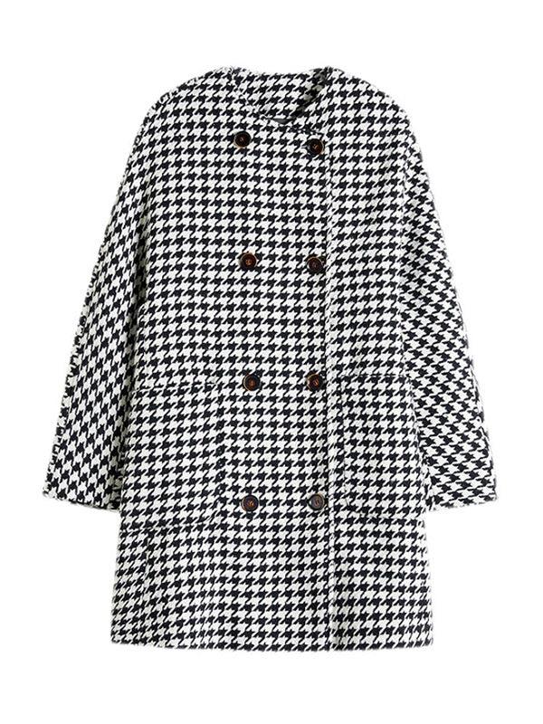 flowersverse Loose Houndstooth Buttoned Round-Neck Long Sleeves Woolen Coat