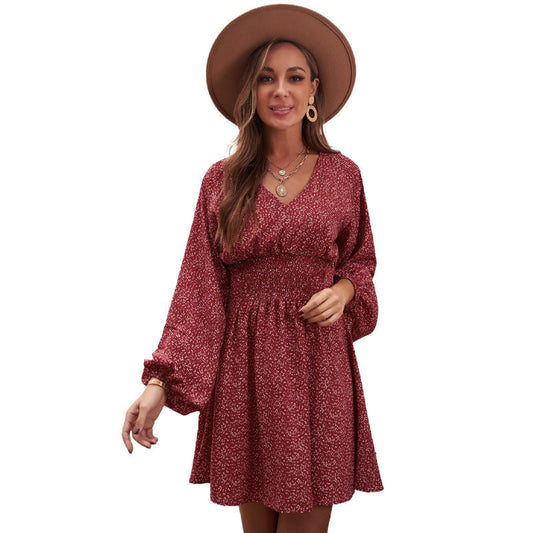 flowersverse Graceful Chiffon Floral Dress: Fitted Waist, High Waist, and Long Sleeves for Elegant Women's Style