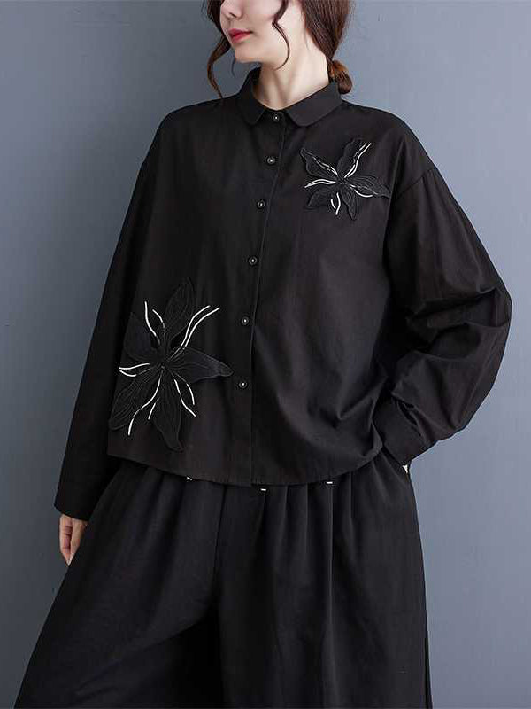 flowersverse Applique Buttoned Embroidered Long Sleeves Loose Lapel Blouses&Shirts Tops