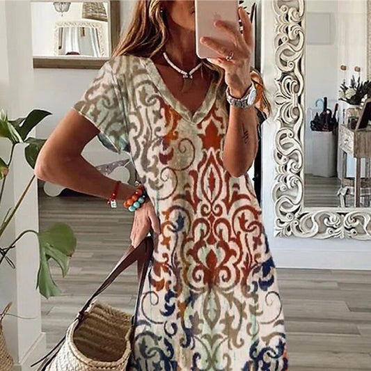 flowersverse Women's Casual Dress Shift Dress Long Dress Maxi Dress Khaki Short Sleeve Floral Split Spring Summer V Neck Vacation S M L XL XXL 3XL