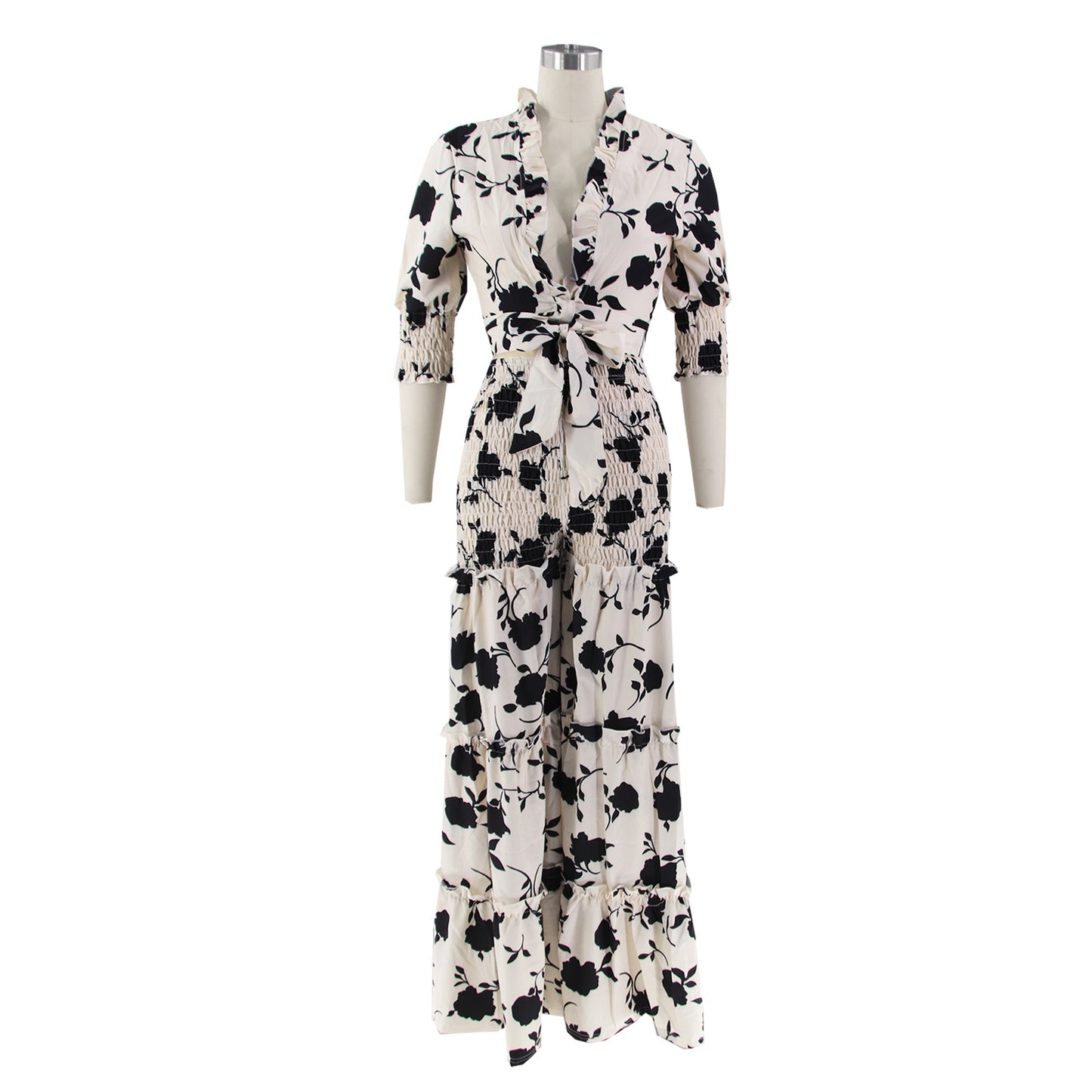flowersverse Women's Lace-Up Printed Two-Piece Suit Wide Leg Pants Plus Size