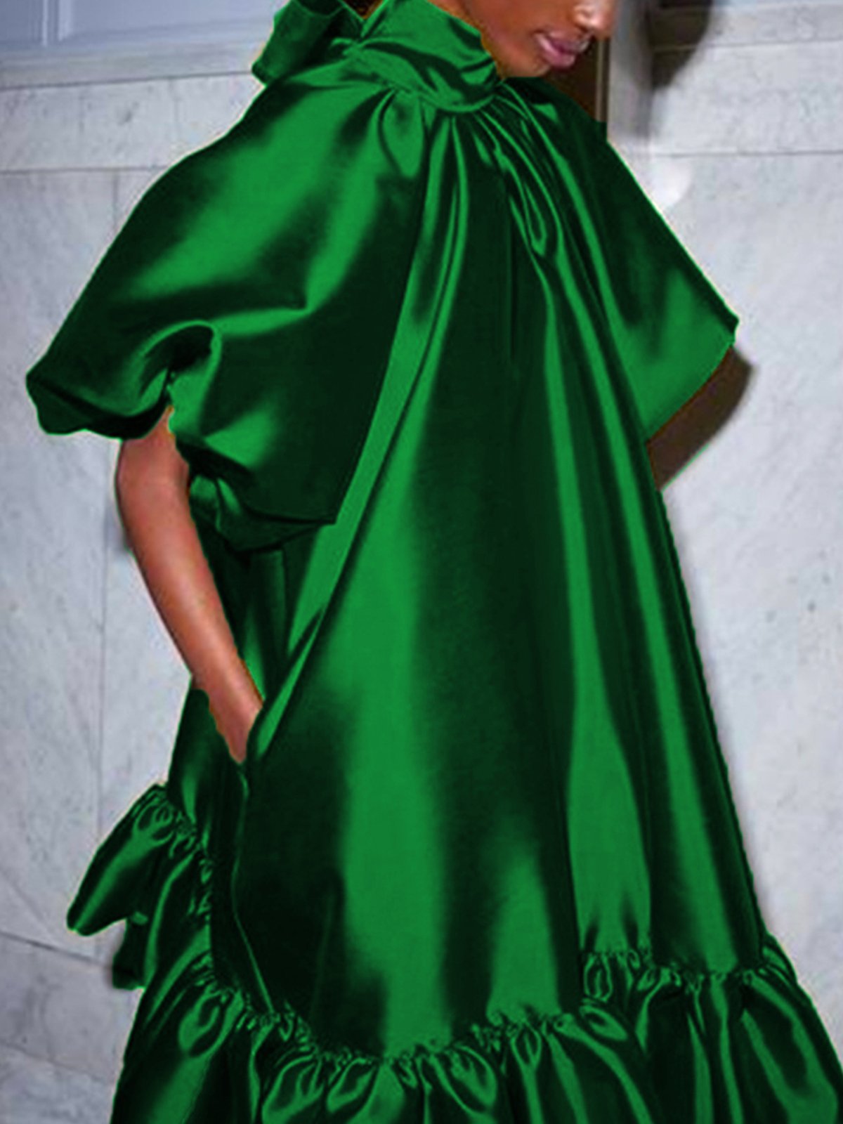 flowersverse Satin Stand Collar Plain Elegant Ruffled Skirt Party Dress