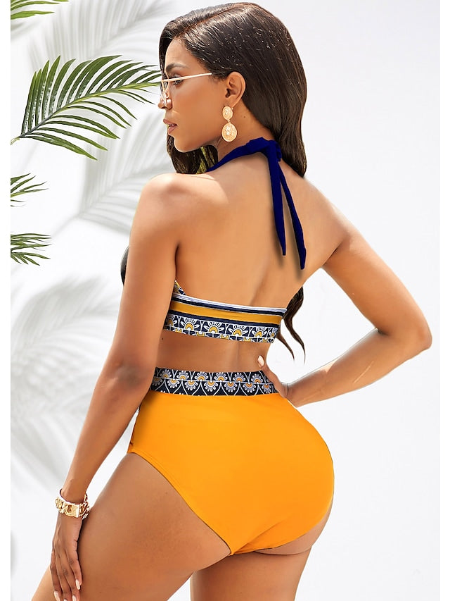 flowersverse Women's Swimwear Bikini Plus Size Swimsuit 2 Piece Graphic Orange Bandeau Bathing Suits Sports Summer