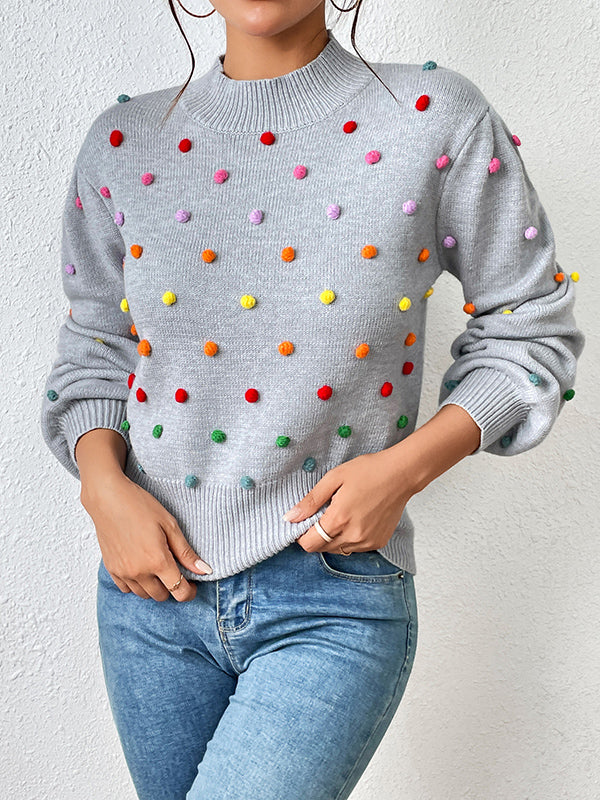 flowersverse Pompom Triming Long Sleeves Loose Round-Neck Sweater Tops Pullovers Knitwear