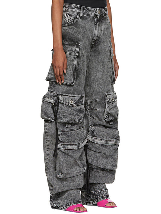 flowersverse Pleated Pockets Split-Joint Streamer Loose Jean Pants Bottoms
