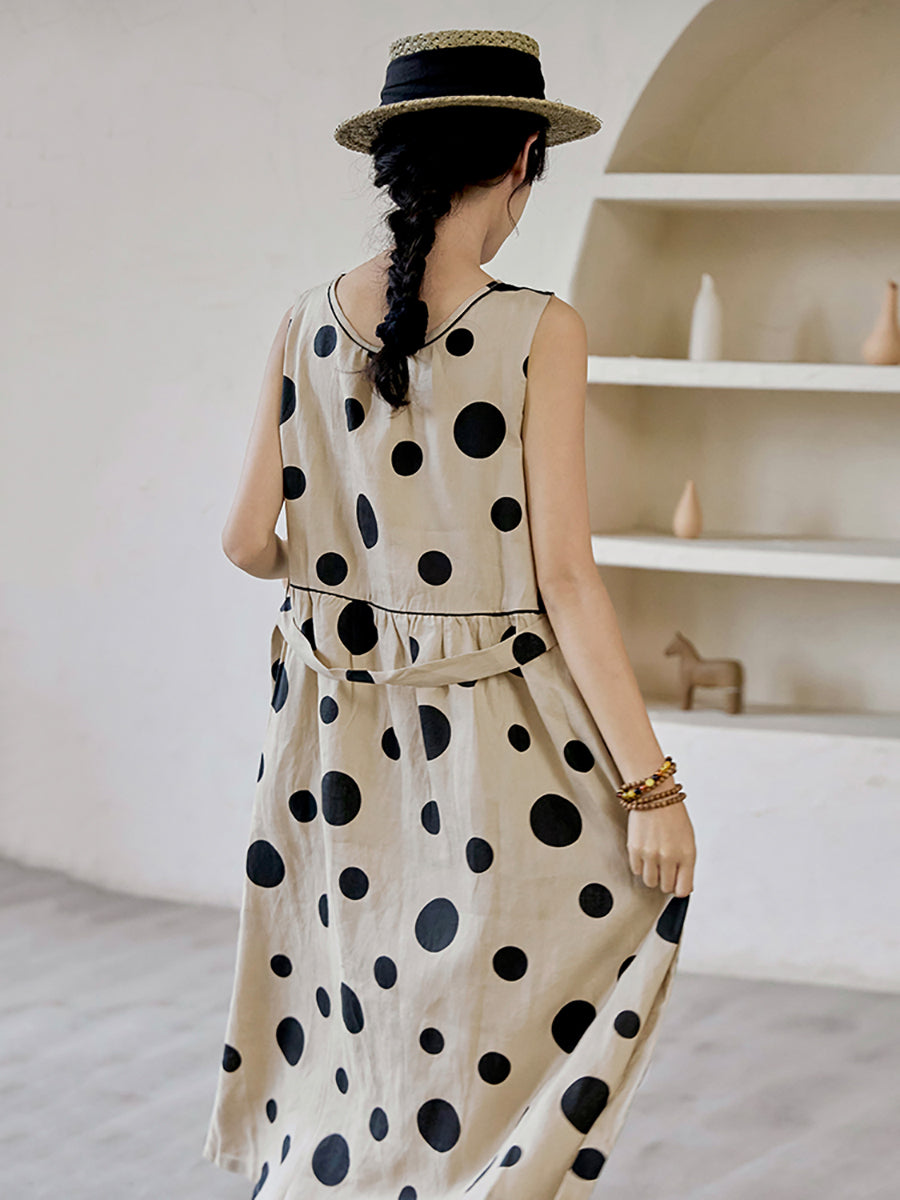 flowersverse Plus Size Women Summer Casual Dot Drawstring Linen Vest Dress