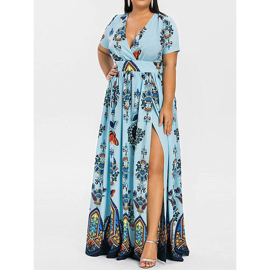 flowersverse Women's Plus Size Casual Dress A Line Dress Floral Butterfly Long Dress Maxi Dress Short Sleeve Split Print V Neck Basic Daily Black White Spring Summer XL XXL 3XL 4XL 5XL