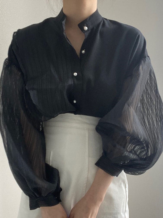 flowersverse Asymmetric Buttoned See-Through Solid Color Split-Joint Long Sleeves Loose Stand Collar Blouses&shirts Tops