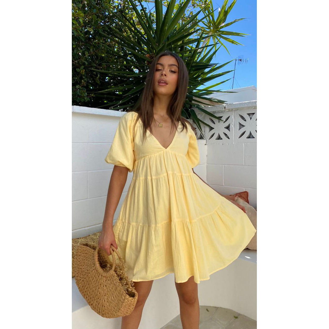 flowersverse Urban Casual Women's Short Sleeve V-Neck Big Swing Dress