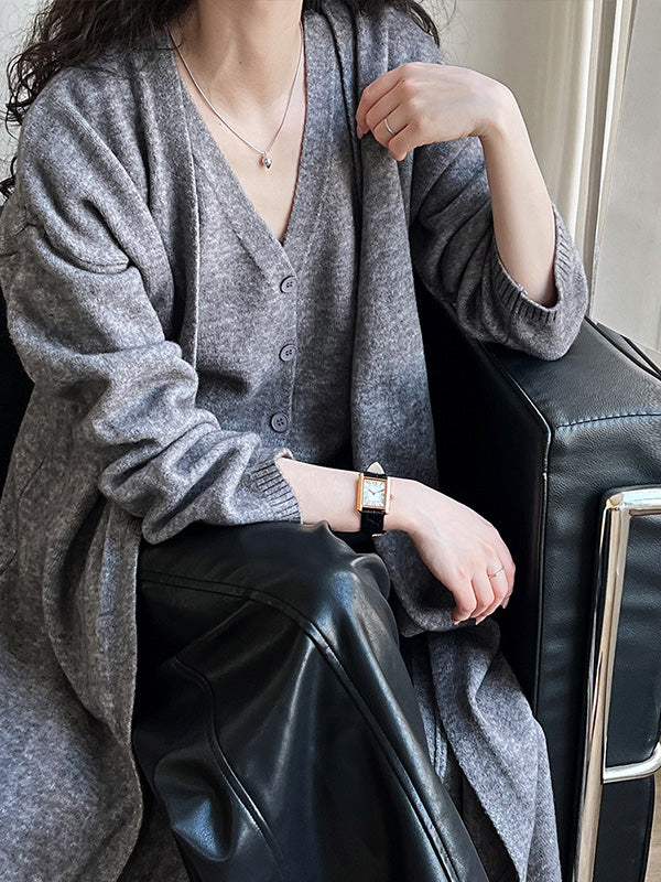 flowersverse Buttoned Solid Color Long Sleeves Loose V-Neck Knit Vest + Cardigan Two Pieces Set