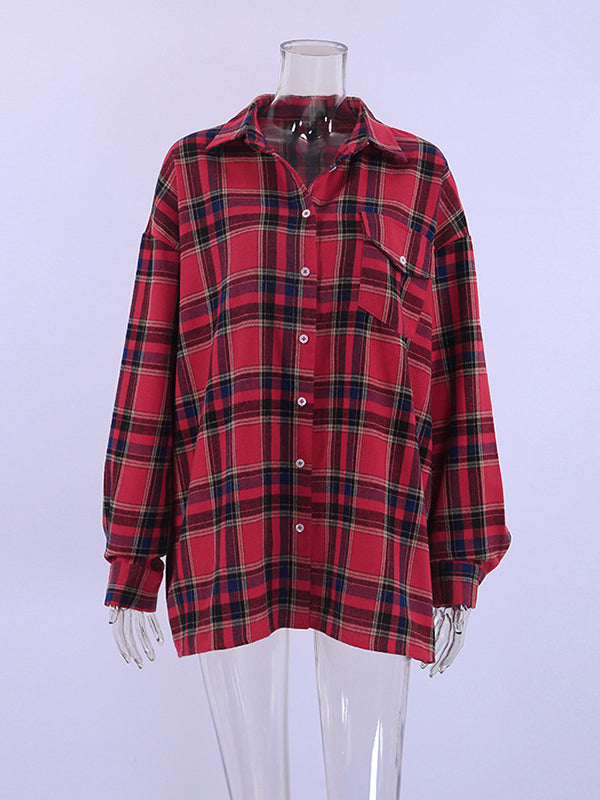 flowersverse Buttoned Plaid Long Sleeves Loose Lapel Blouses&Shirts Tops