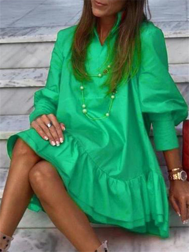 flowersverse Solid Long Sleeve Mini Back Ruffle Dress Women