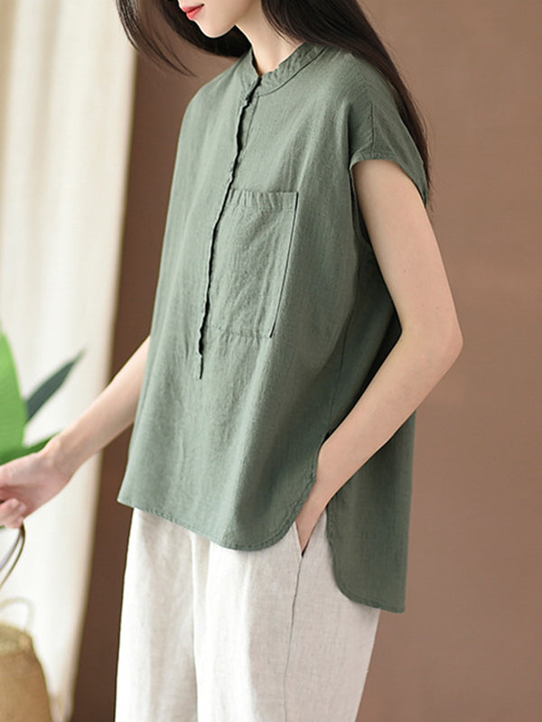 flowersverse Solid Color Cap Sleeve High-Low Stand Collar Blouses&Shirts Tops