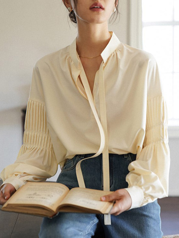 flowersverse Pleated Solid Color Tied Long Sleeves Loose Mock Neck Blouses&shirts Tops