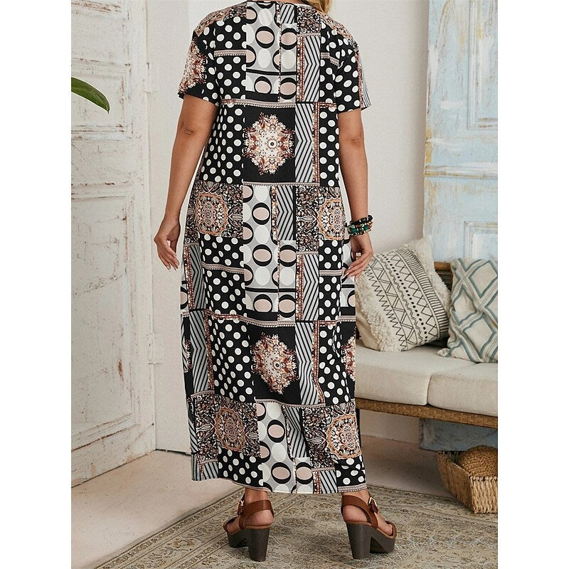 flowersverse Women's Plus Size Casual Dress Shift Dress Floral Geometric Long Dress Maxi Dress Short Sleeve Print Crew Neck Fashion Daily Black Summer Spring L XL XXL 3XL 4XL