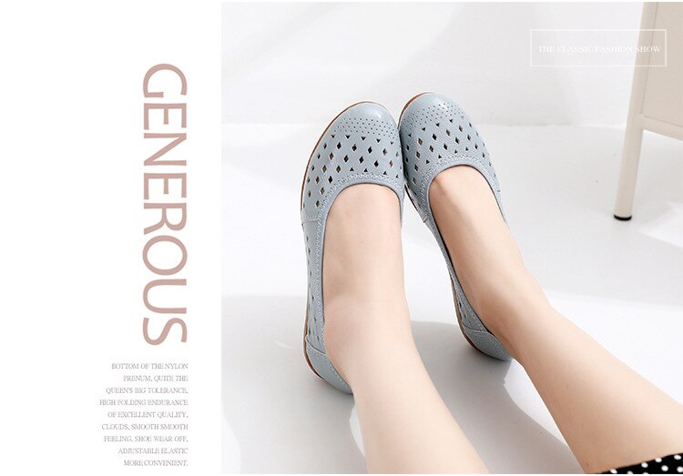 flowersverse Spring Genuine Leather Flat Summer Shoes Women Casual Hollow Breathable Soft Bottom Ladies Flats Plus Size 35-43