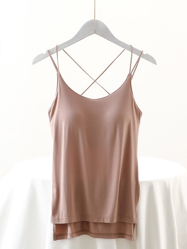 flowersverse Simple Solid Color High-Low Backless Spaghetti-Neck Shirts