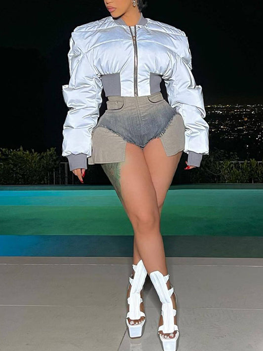 flowersverse Elasticity Split-Joint Zipper Loose Stand Collar Padded Coat