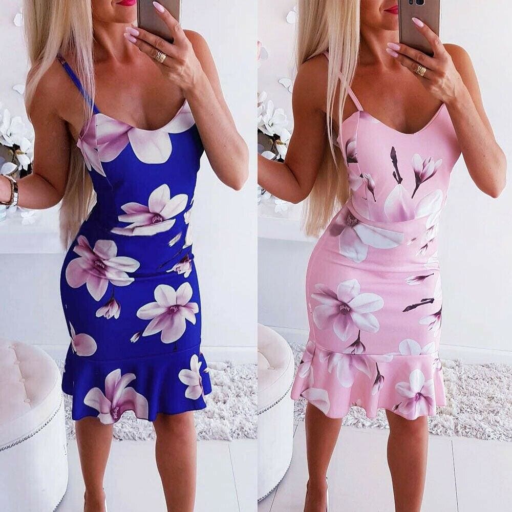 flowersverse Women Floral Print Strappy Midi Party Dress Ladies Slim Bandage Bodycon Summer Holiday Side Suspender Dress Sundress