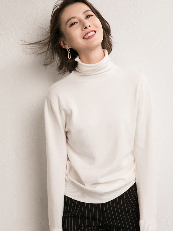 flowersverse Simple Loose Long Sleeves Solid Color High-Neck Sweater Tops