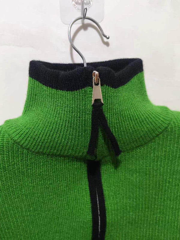 flowersverse Casual Contrast Color Zipper High-Neck Cardigan Tops