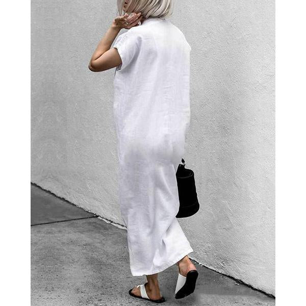 flowersverse Solid V-Neck Split with Belt Plus Size Dress White Dresses