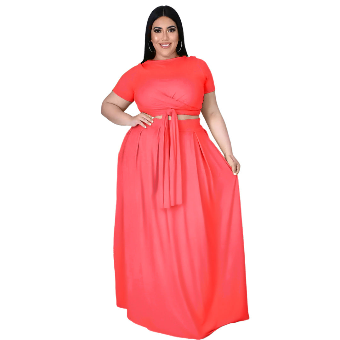flowersverse Lady Fashion Plus Size Women Solid Color Cross Lace-up Large Swing Two-piece Skirt