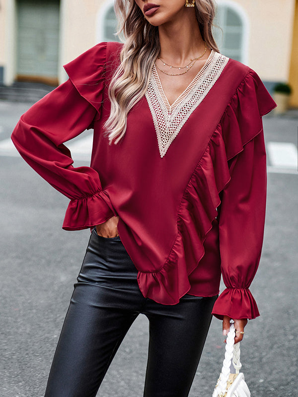 flowersverse Asymmetric Hollow Long Sleeves Loose V-Neck Blouses&Shirts Tops