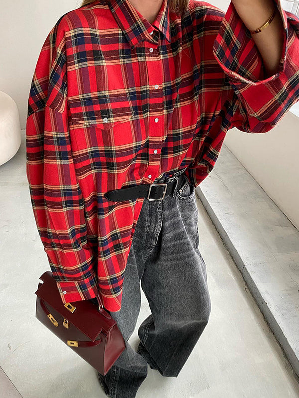 flowersverse Buttoned Plaid Long Sleeves Loose Lapel Blouses&Shirts Tops