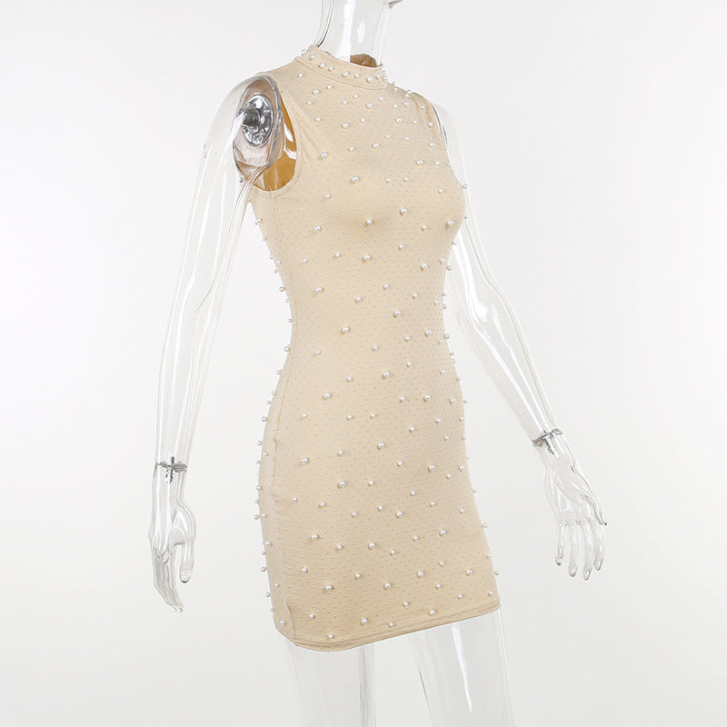 flowersverse Half-High Collar Mesh Beaded Slim Sexy Bodycon Dress