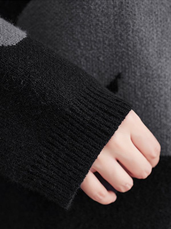 flowersverse Casual Loose Long Sleeves Contrast Color Jacquard Round-Neck Sweater Tops