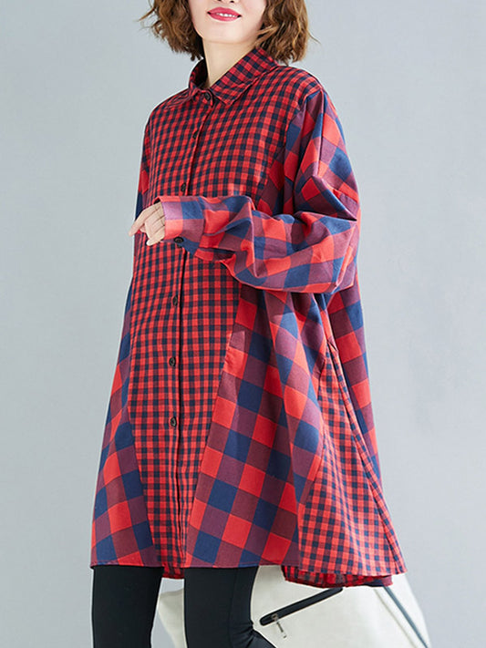 flowersverse Fashion Plaid Lapel Long Sleeve Blouse Top