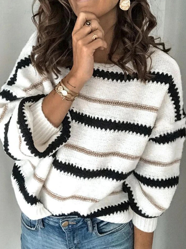 flowersverse Striped Long Sleeves Loose Round-Neck Sweater Tops Pullovers Knitwear