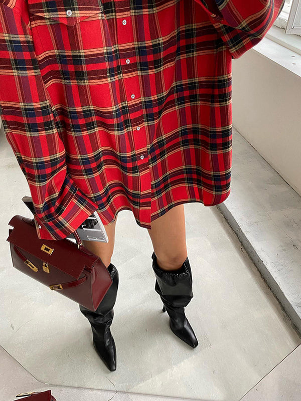 flowersverse Buttoned Plaid Long Sleeves Loose Lapel Blouses&Shirts Tops