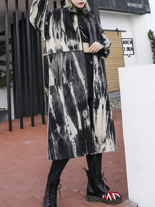 flowersverse Drawstring Split-Joint Zipper Long Sleeves Loose Round-Neck Trench Coats