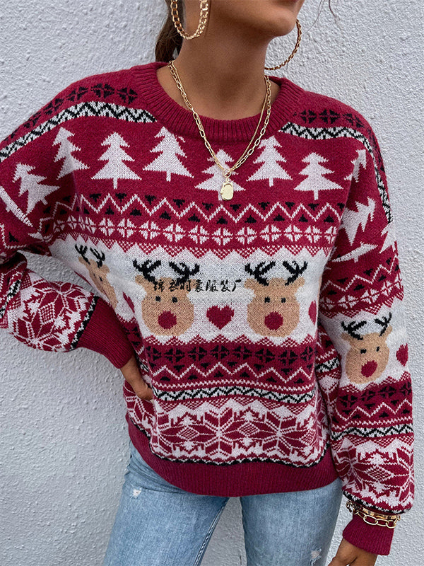 flowersverse Christmas Tree Elk Printed Loose Long Sleeves Round-Neck Sweater Tops