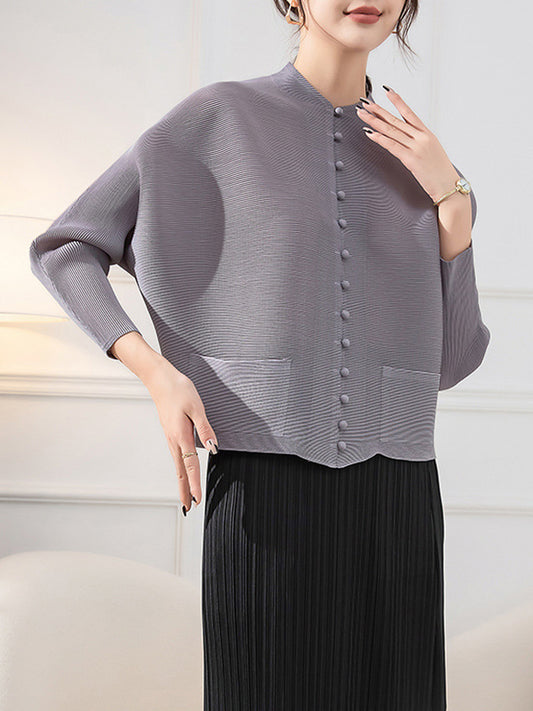 flowersverse Buttoned Pleated Pockets Solid Color Long Sleeves Loose Round-Neck Outerwear