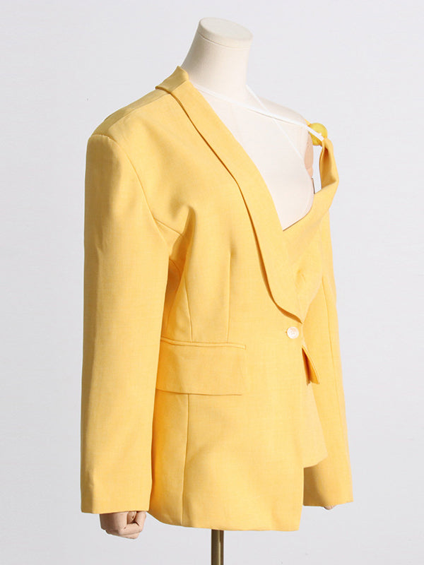 flowersverse Asymmetric Buttoned Hollow Solid Color Tied Long Sleeves Loose Asymmetric Collar Blazer