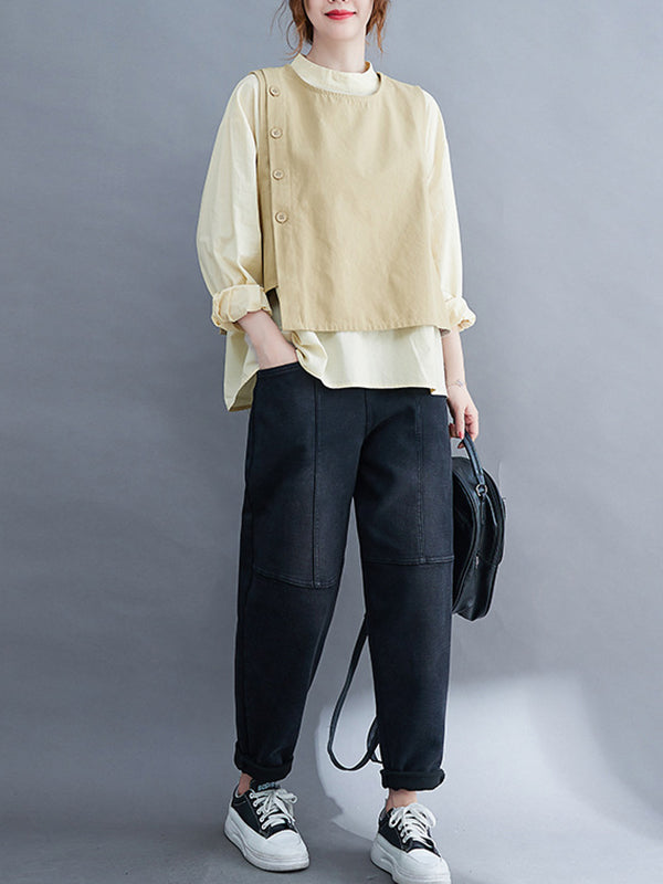 flowersverse Original Stand Collar Long Sleeves T-Shirt Top&Buttoned Vest Outwear 2 Pieces Set