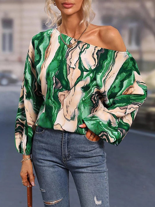 flowersverse Asymmetric Printed Long Sleeves Loose One-Shoulder Blouses&Shirts Tops