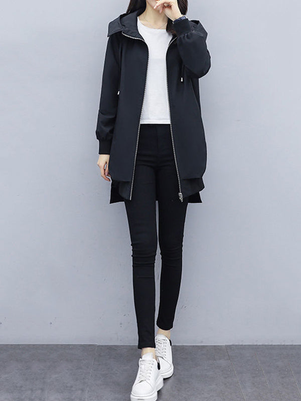 flowersverse Casual Loose 4 Colors Pleated Zipper Hooded Long Sleeves Outwear