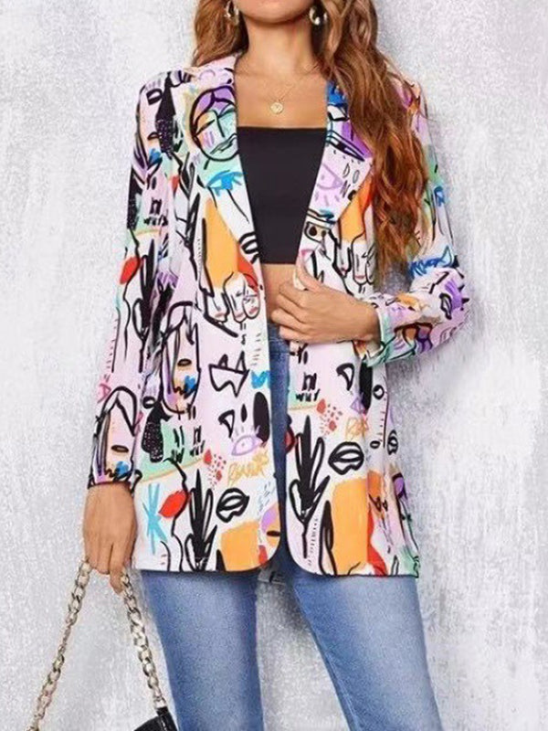 flowersverse Figure Printed Long Sleeves Loose Notched Collar Outerwear